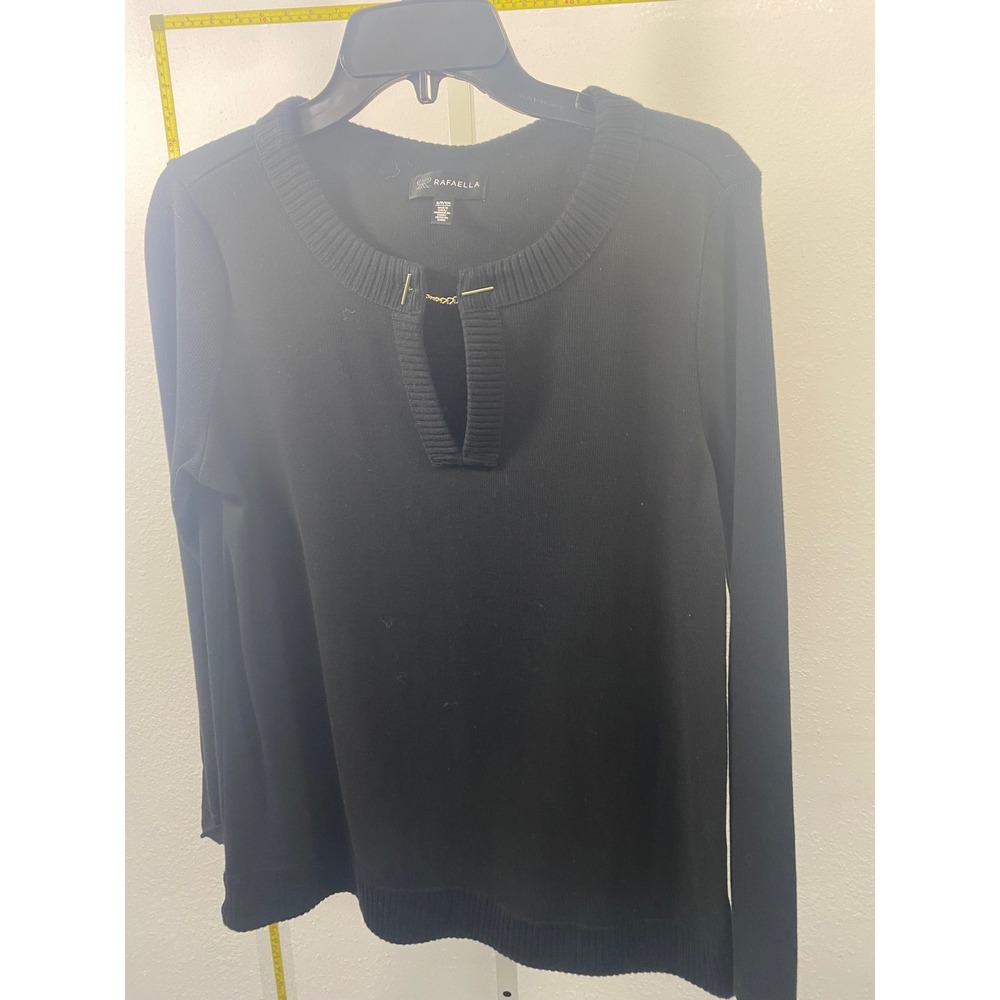 Rafaella Women Black Long Sleeve Knit Sweater Gold Chain Keyhole Neck Size Small